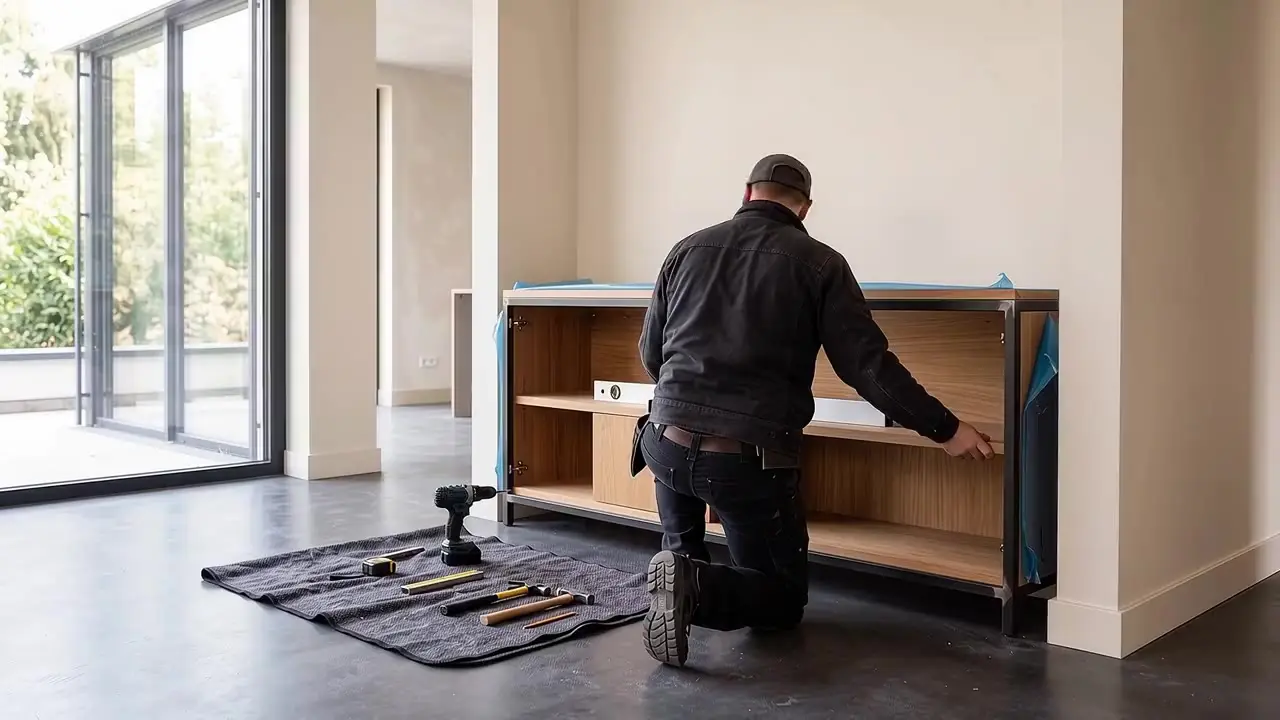 Monteur richtet einen Schrank aus